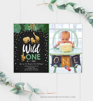 Editable Wild One Birthday Invitation Safari Animals Jungle Boy Gold First Birthday 1st Rustic Leaves Download Corjl Template Printable 0016