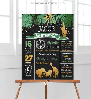 Editable Safari Animals Birthday Milestones Sign Wild One Boy First Birthday Safari Zoo 1st Gold Chalk Jungle Corjl Template Printable 0016
