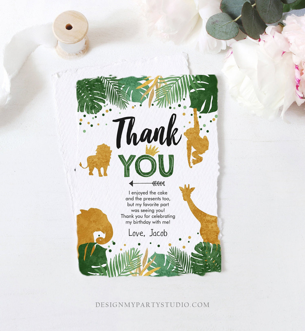 Editable Thank You Card Safari Animals Wild One Thank You Note Black Gold Photo Boy Jungle Zoo Animals Printable Corjl Template Digital 0016