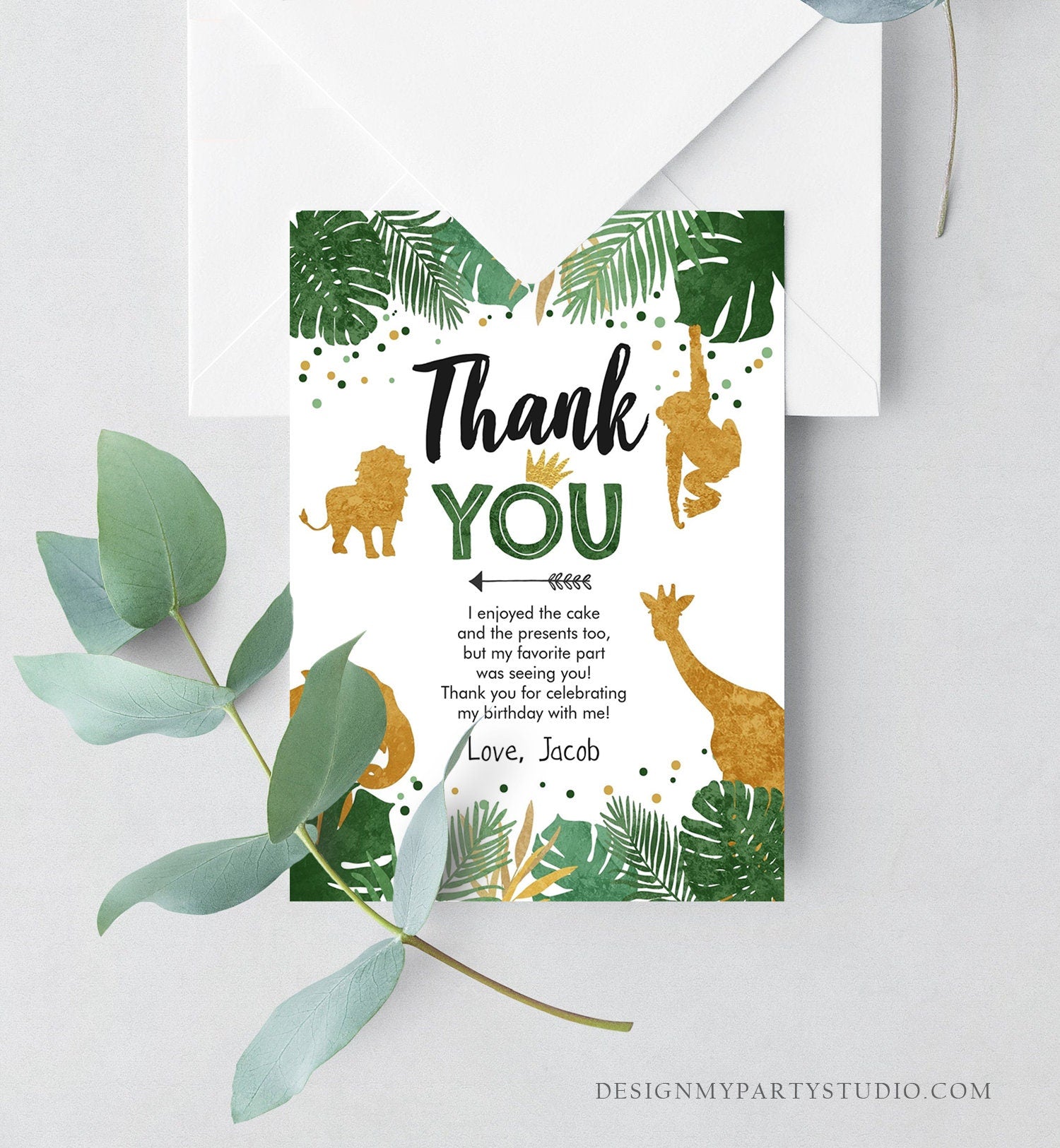 Editable Thank You Card Safari Animals Wild One Thank You Note Black Gold Photo Boy Jungle Zoo Animals Printable Corjl Template Digital 0016