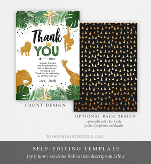 Editable Thank You Card Safari Animals Wild One Thank You Note Black Gold Photo Boy Jungle Zoo Animals Printable Corjl Template Digital 0016