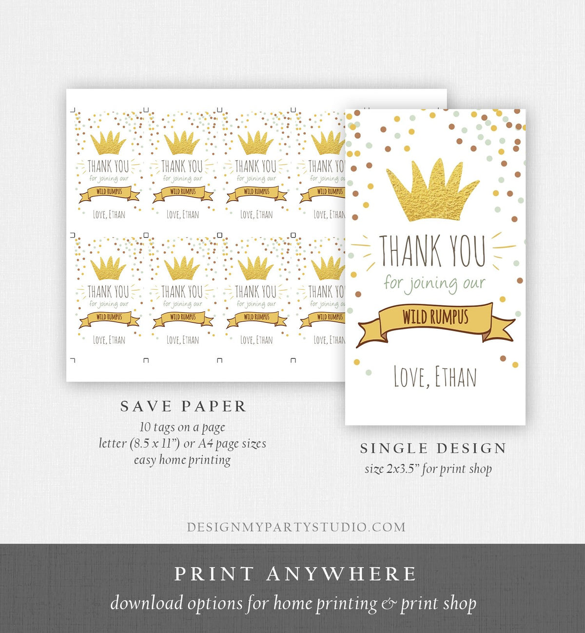 Editable Wild Things Favor tags Wild One Thank you tags Label tags Gold Crown Boy First Birthday Gift tags Thank you Template Corjl 0099