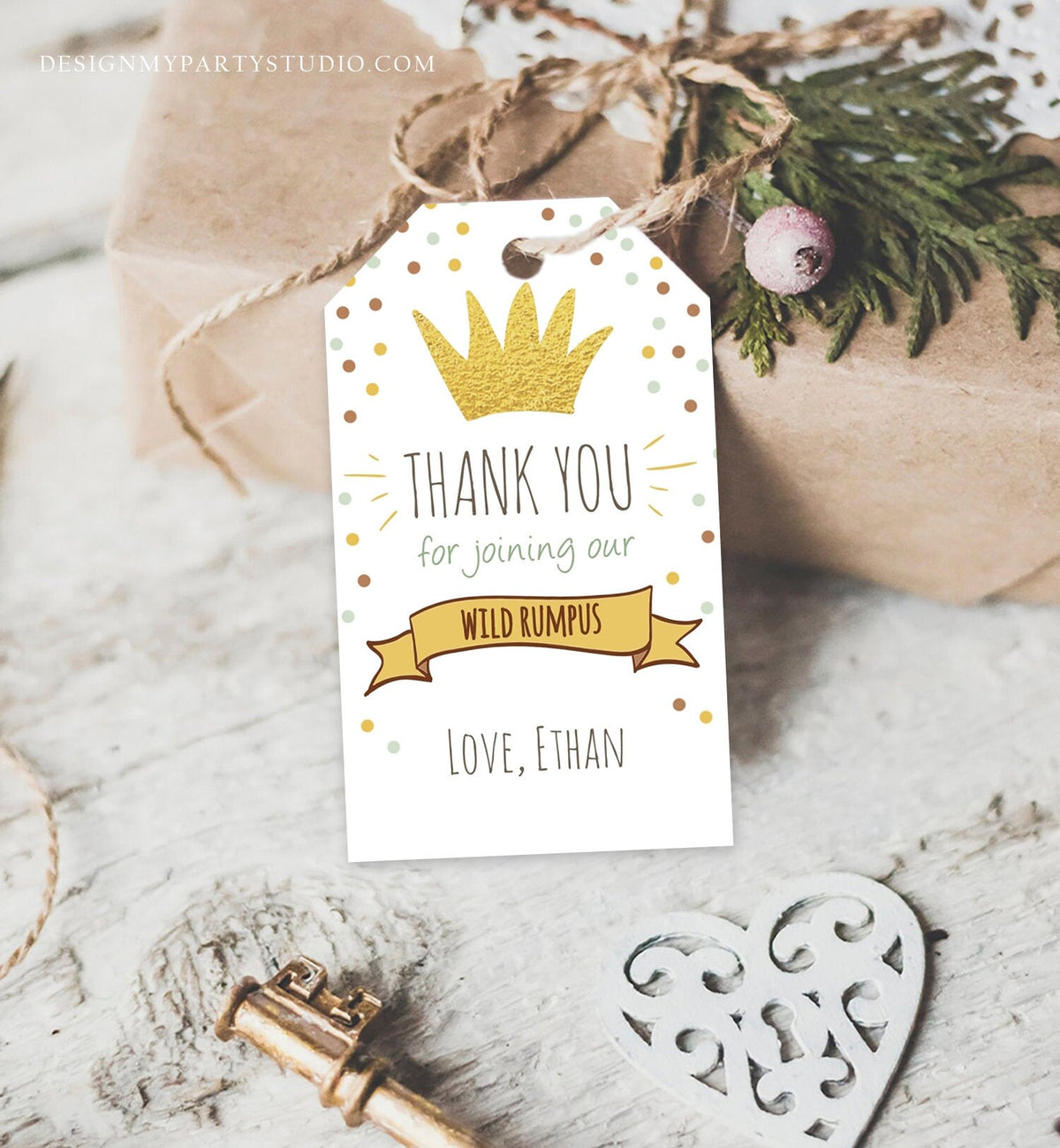 Editable Wild Things Favor tags Wild One Thank you tags Label tags Gold Crown Boy First Birthday Gift tags Thank you Template Corjl 0099