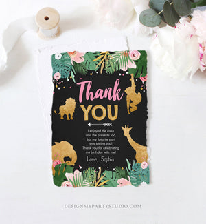 Editable Thank You Card Safari Animals Wild One Thank You Note Black Photo Girl Pink Gold Jungle Zoo Animals Corjl Template Digital 0016