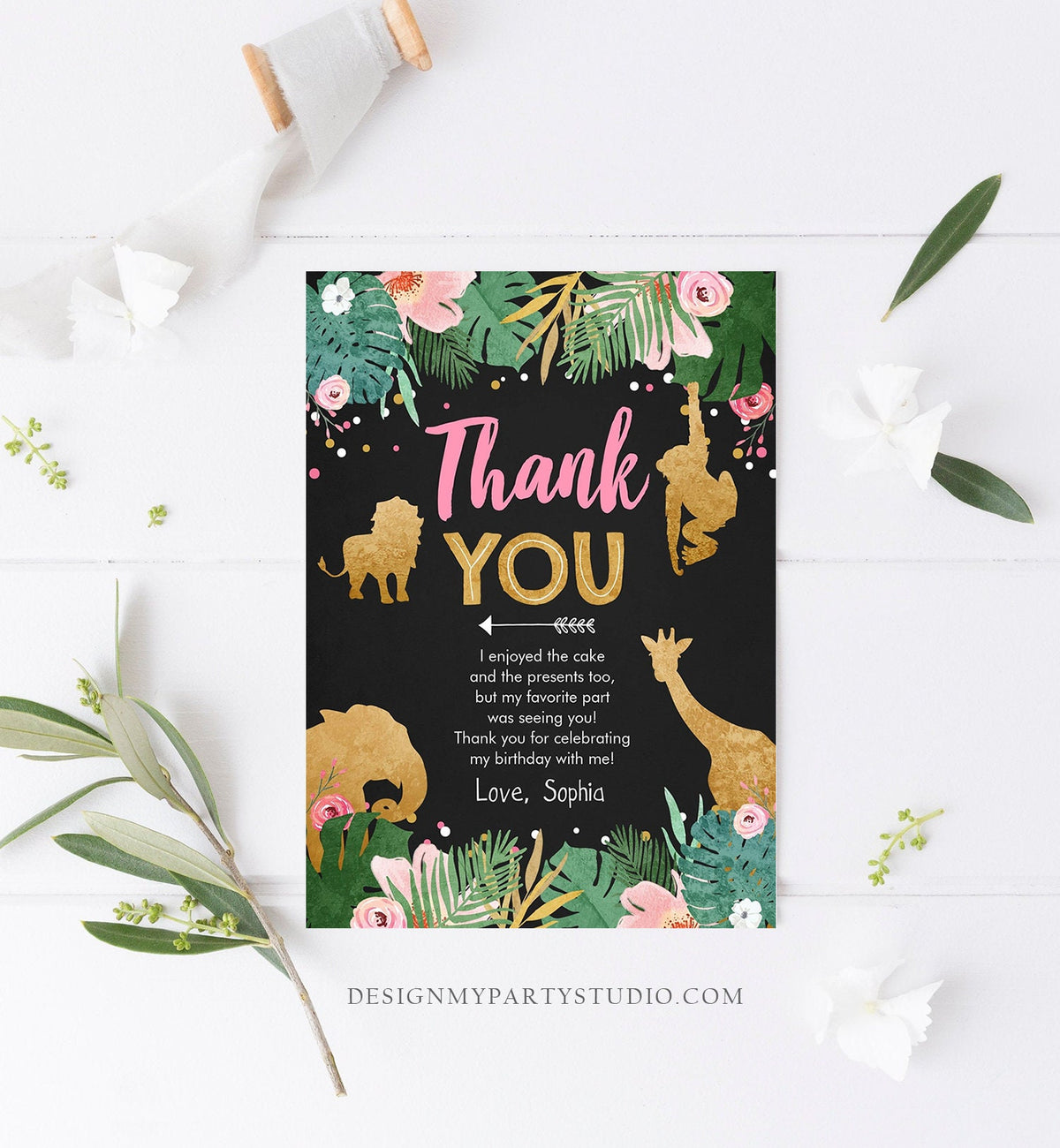 Editable Thank You Card Safari Animals Wild One Thank You Note Black Photo Girl Pink Gold Jungle Zoo Animals Corjl Template Digital 0016