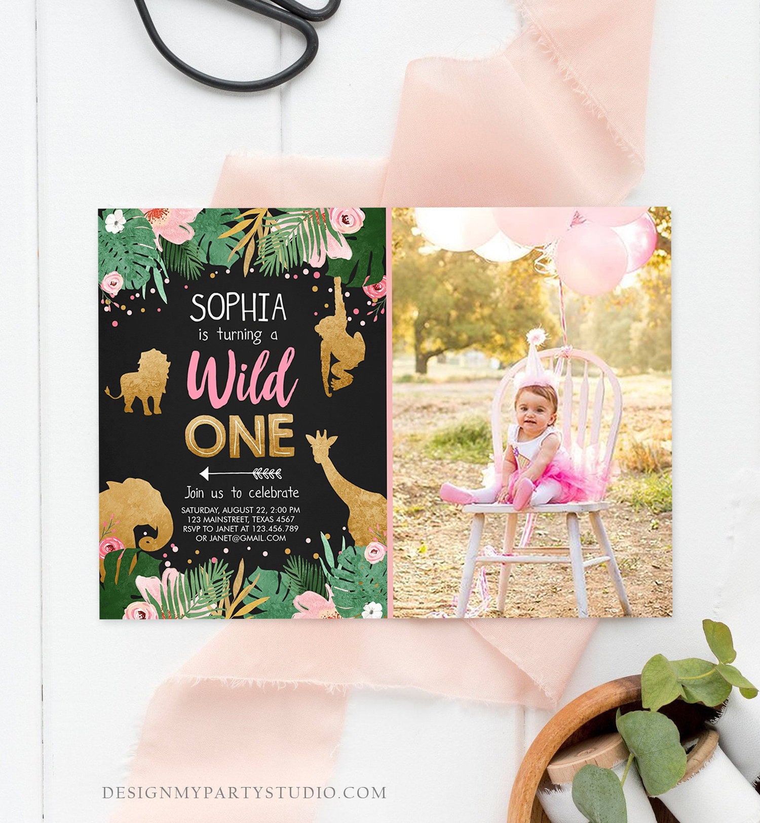 Editable Wild One Birthday Invitation Girl Safari Animals Jungle Party Animals Pink Gold First Birthday 1st Printable Corjl Template 0016