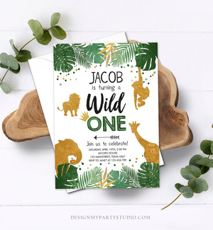 Editable Wild One Birthday Invitation Safari Animals Jungle Zoo Animals Black Gold First Birthday 1st Download Printable Corjl Template 0016