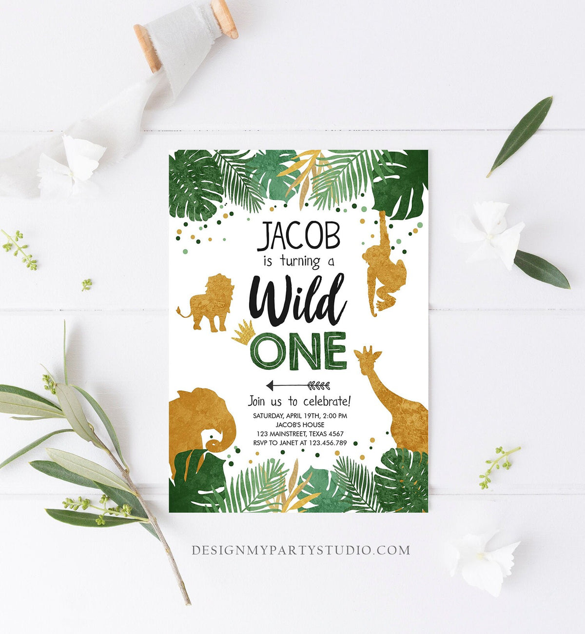 Editable Wild One Birthday Invitation Safari Animals Jungle Zoo Animals Black Gold First Birthday 1st Download Printable Corjl Template 0016