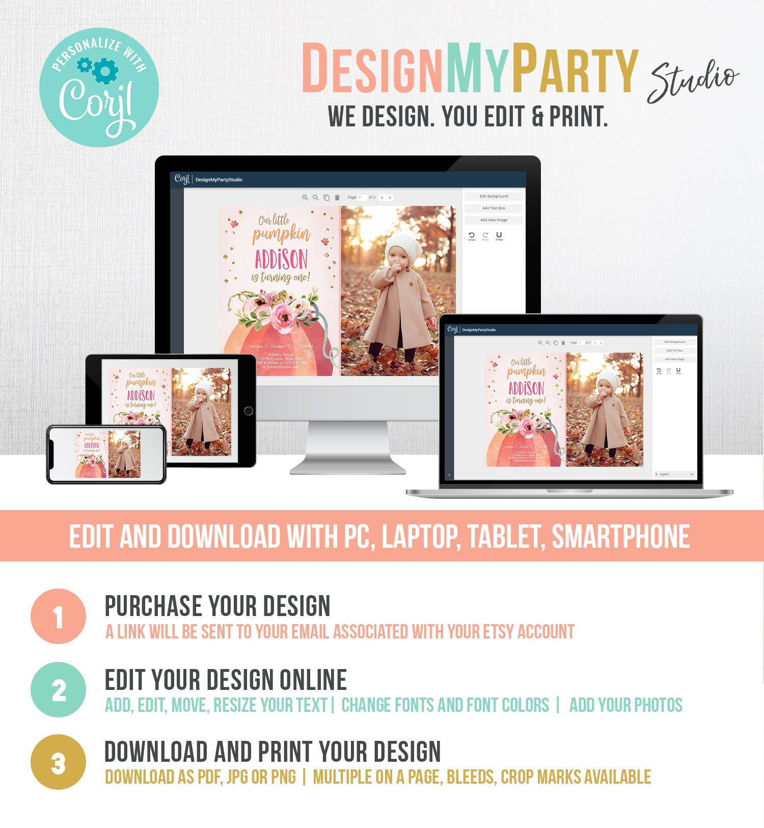 Editable Our Little Pumpkin Birthday Invitation Girl Pink Fall Autumn 1st Birthday Pink Gold 2nd Download Printable Corjl Template 0198