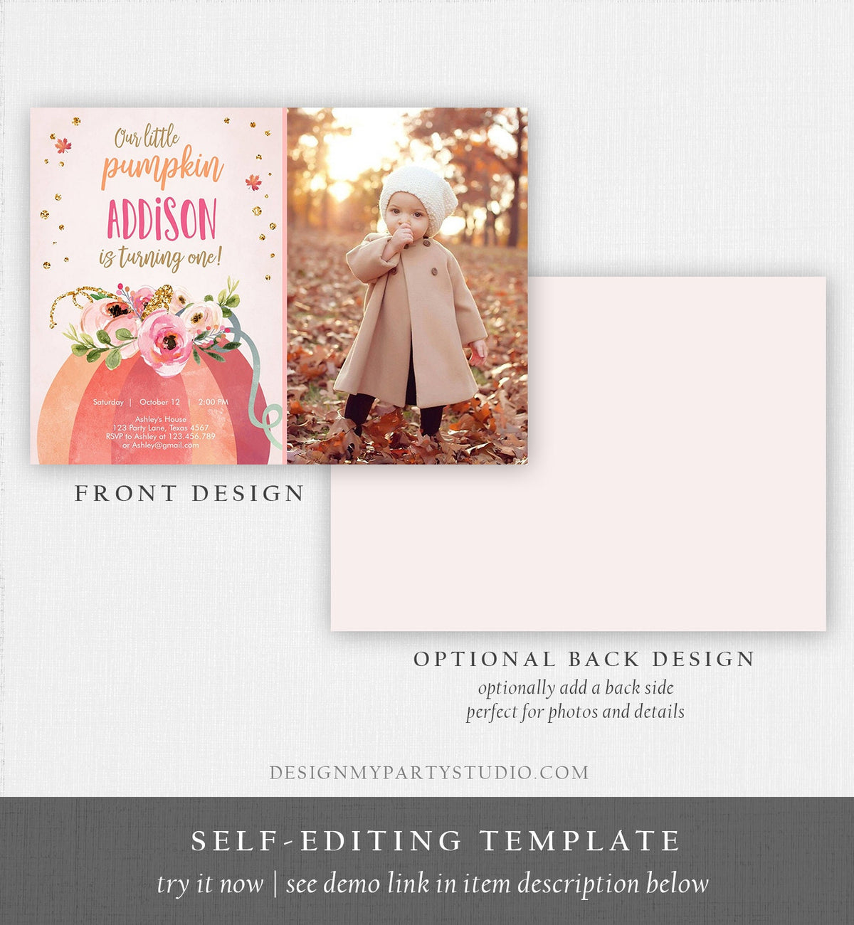 Editable Our Little Pumpkin Birthday Invitation Girl Pink Fall Autumn 1st Birthday Pink Gold 2nd Download Printable Corjl Template 0198
