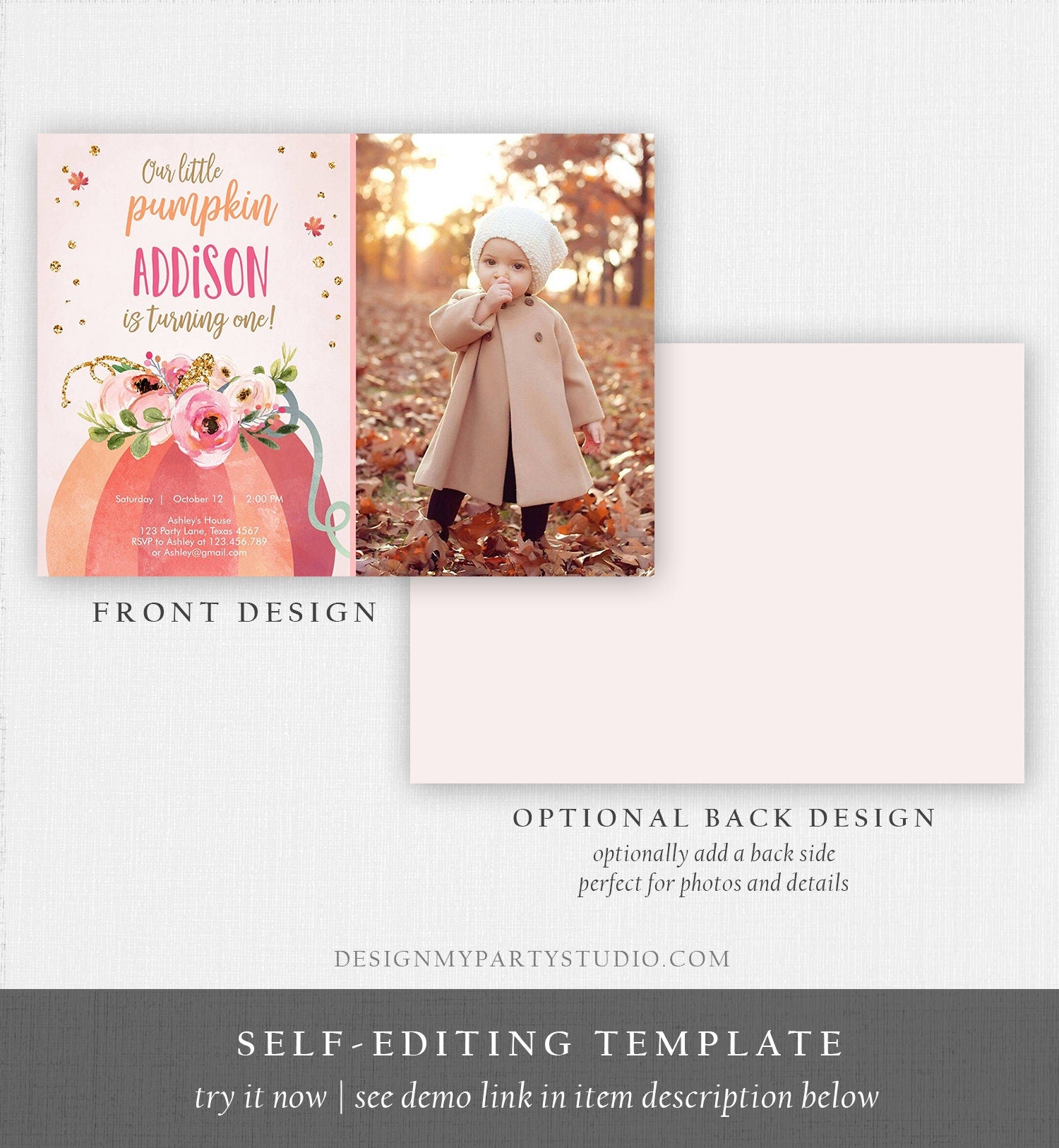 Editable Our Little Pumpkin Birthday Invitation Girl Pink Fall Autumn 1st Birthday Pink Gold 2nd Download Printable Corjl Template 0198