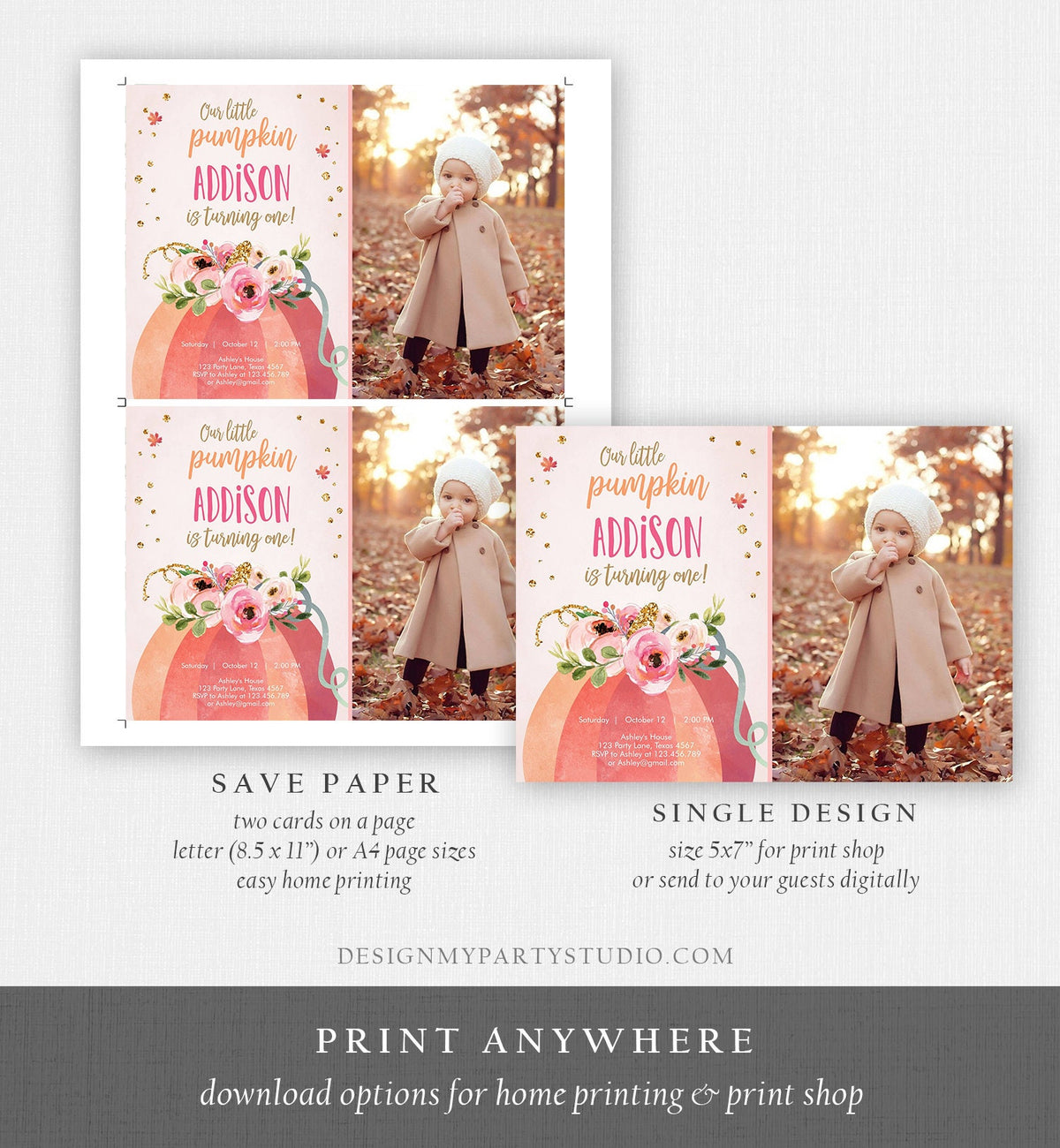 Editable Our Little Pumpkin Birthday Invitation Girl Pink Fall Autumn 1st Birthday Pink Gold 2nd Download Printable Corjl Template 0198