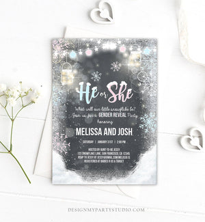 Editable Winter Gender Reveal Party Invitation Cold Outside Snow Boy or Girl He or She Rustic Invite Template Instant Download Corjl 0031