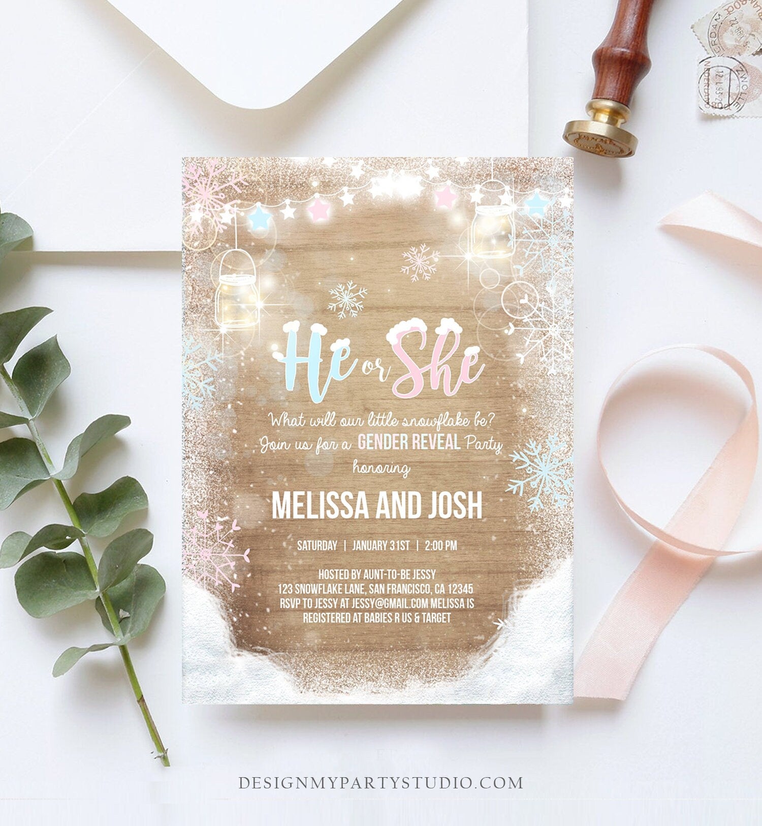 Editable Winter Gender Reveal Invitation Cold Outside Snow Boy or Girl He or She Wood Rustic Invite Template Instant Download Corjl 0031