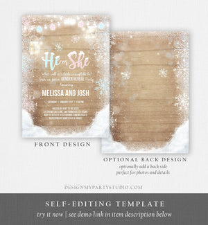 Editable Winter Gender Reveal Invitation Cold Outside Snow Boy or Girl He or She Wood Rustic Invite Template Instant Download Corjl 0031