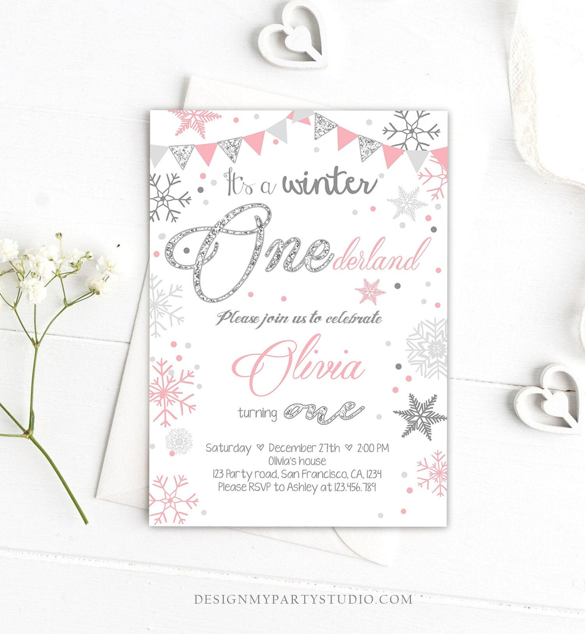 Editable Winter ONEderland Birthday Invitation First Birthday Snow Girl Pink Silver Glitter Download Printable Invite Template Corjl 0034