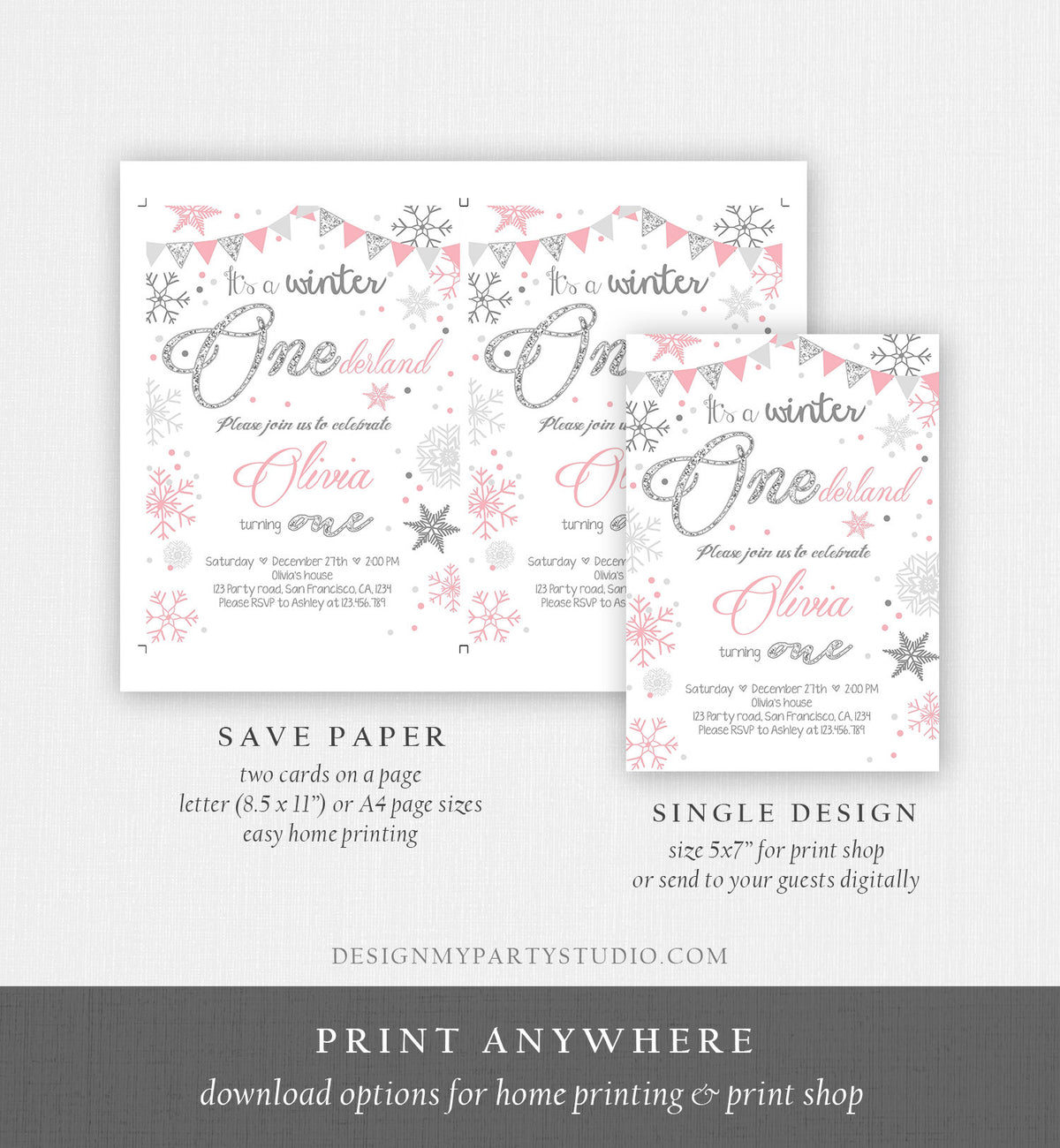 Editable Winter ONEderland Birthday Invitation First Birthday Snow Girl Pink Silver Glitter Download Printable Invite Template Corjl 0034