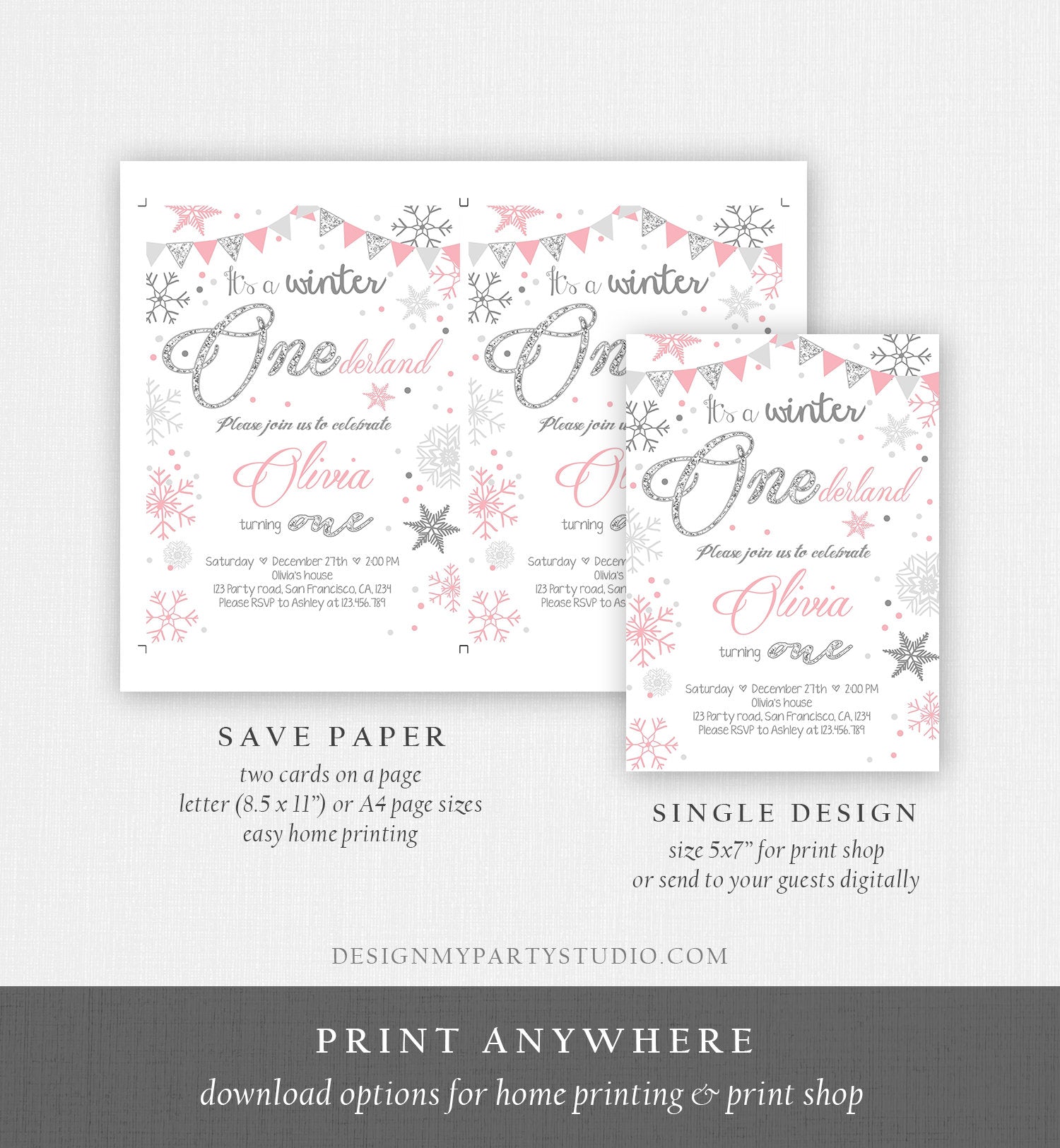 Editable Winter ONEderland Birthday Invitation First Birthday Snow Girl Pink Silver Glitter Download Printable Invite Template Corjl 0034