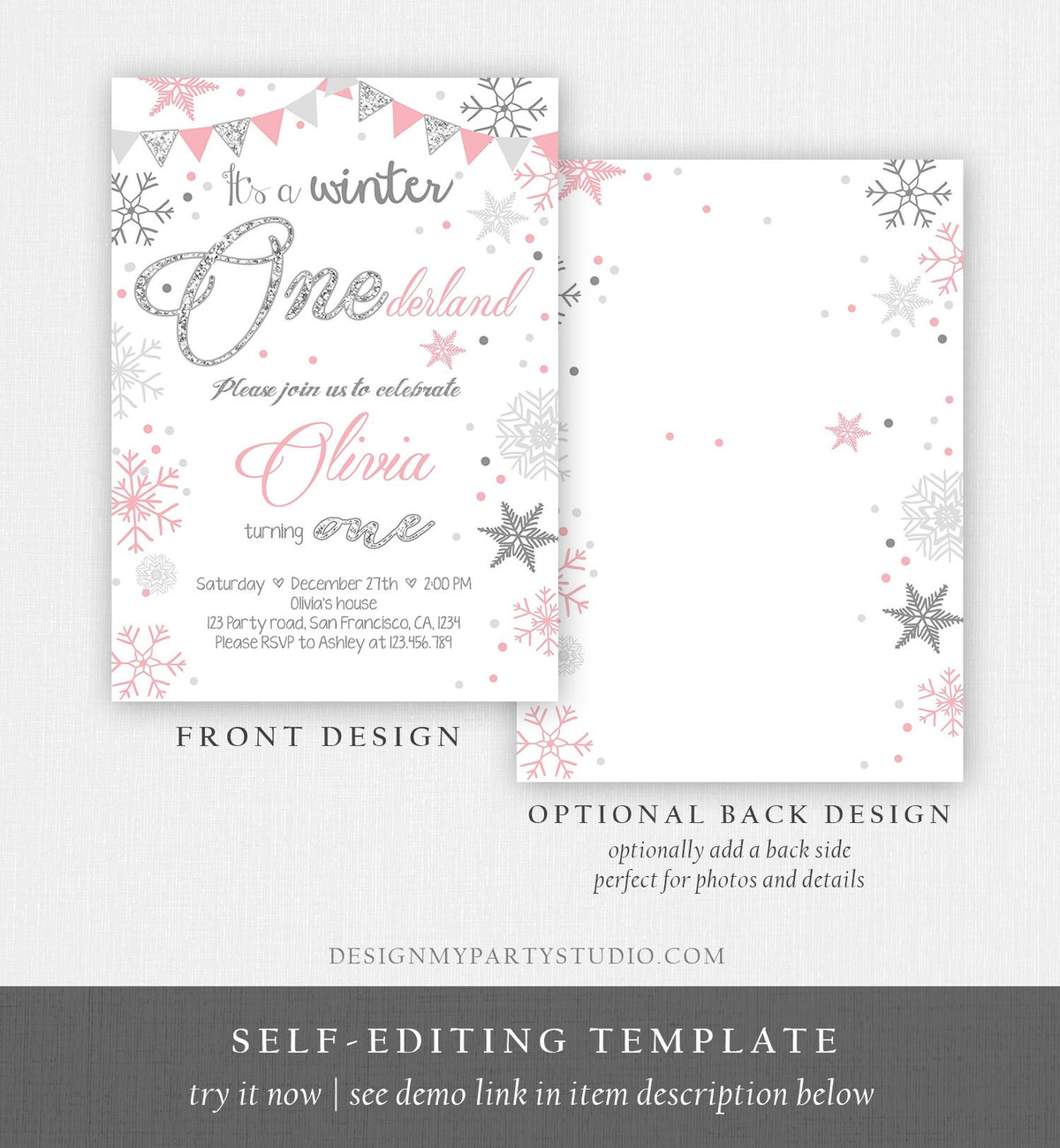 Editable Winter ONEderland Birthday Invitation First Birthday Snow Girl Pink Silver Glitter Download Printable Invite Template Corjl 0034