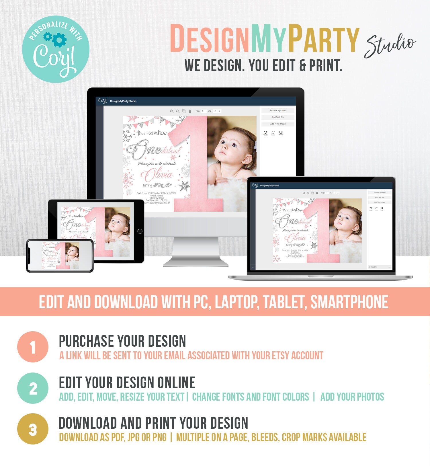 Editable Winter ONEderland Birthday Invitation First Birthday Snow Girl Pink Silver Glitter Download Printable Invite Template Corjl 0034