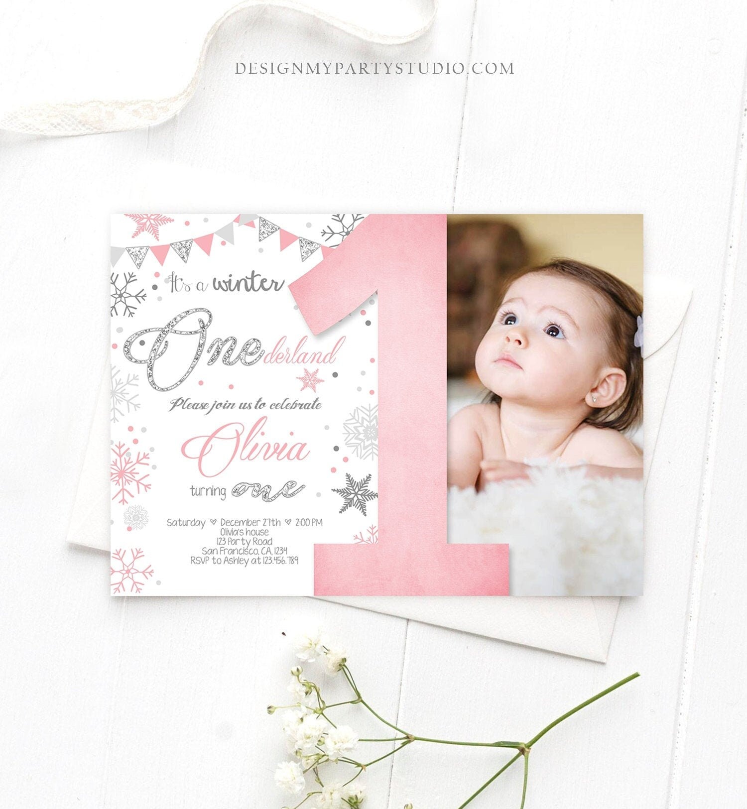 Editable Winter ONEderland Birthday Invitation First Birthday Snow Girl Pink Silver Glitter Download Printable Invite Template Corjl 0034
