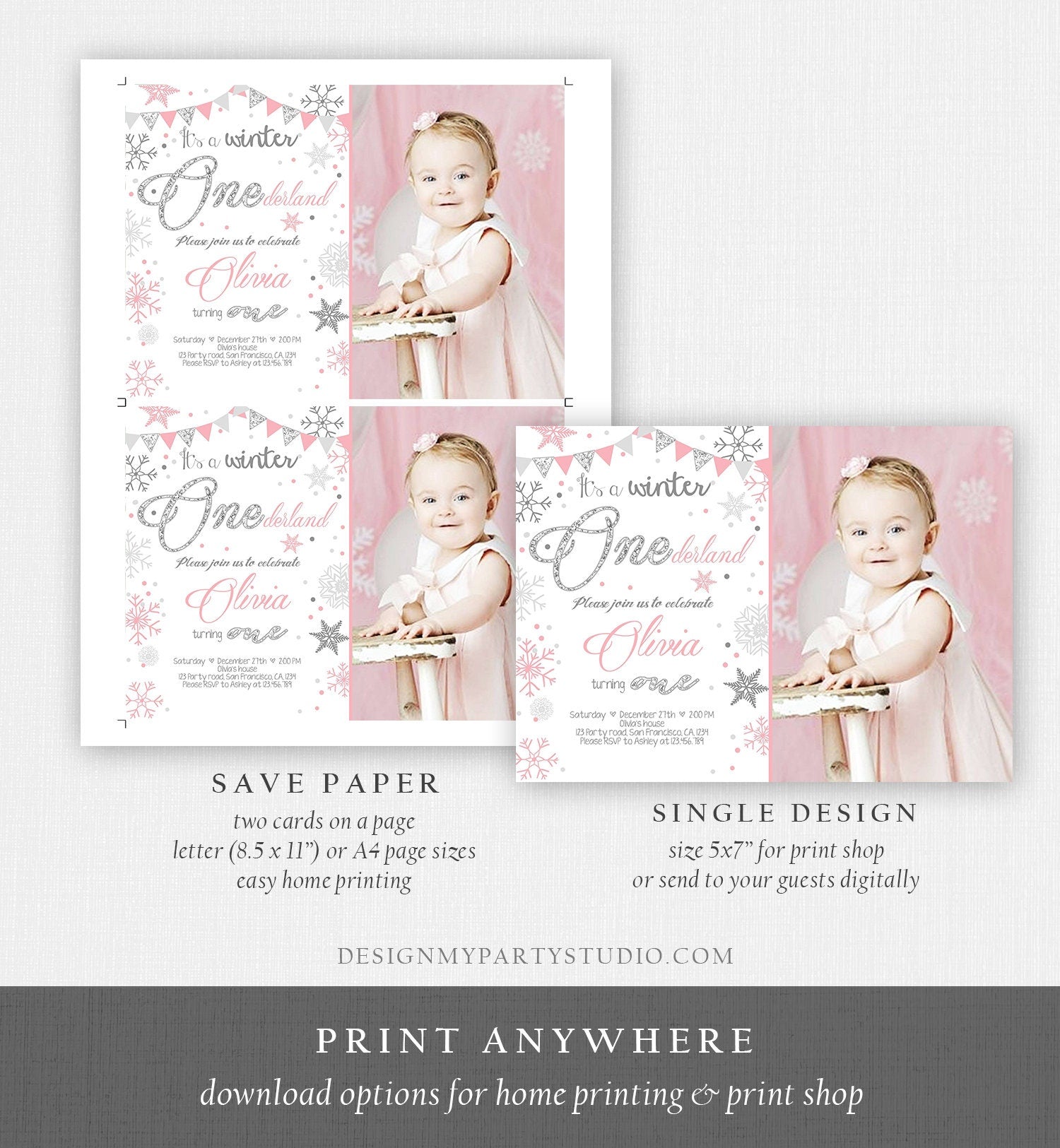 Editable Winter ONEderland Birthday Invitation First Birthday Snow Girl Pink Silver Glitter Download Printable Invite Template Corjl 0034