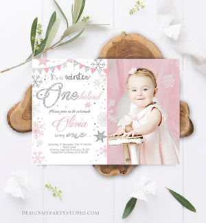 Editable Winter ONEderland Birthday Invitation First Birthday Snow Girl Pink Silver Glitter Download Printable Invite Template Corjl 0034