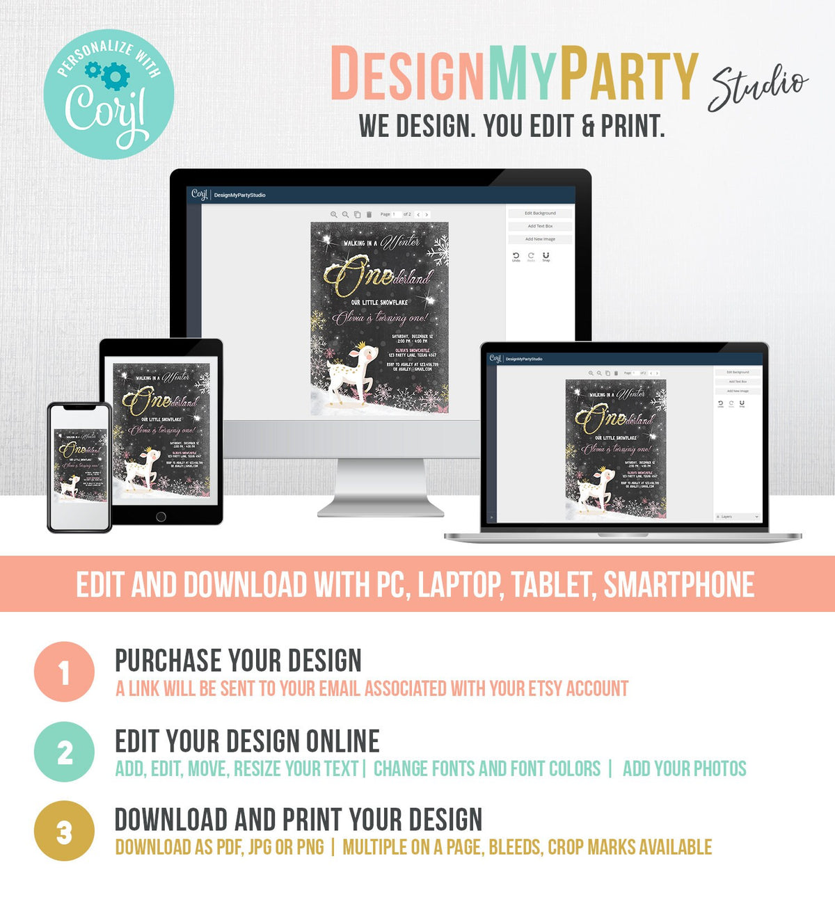 Editable Winter ONEderland Birthday Invitation First Birthday Snowflake Girl Pink Gold Deer Princess Crown Printable Template Corjl 0034