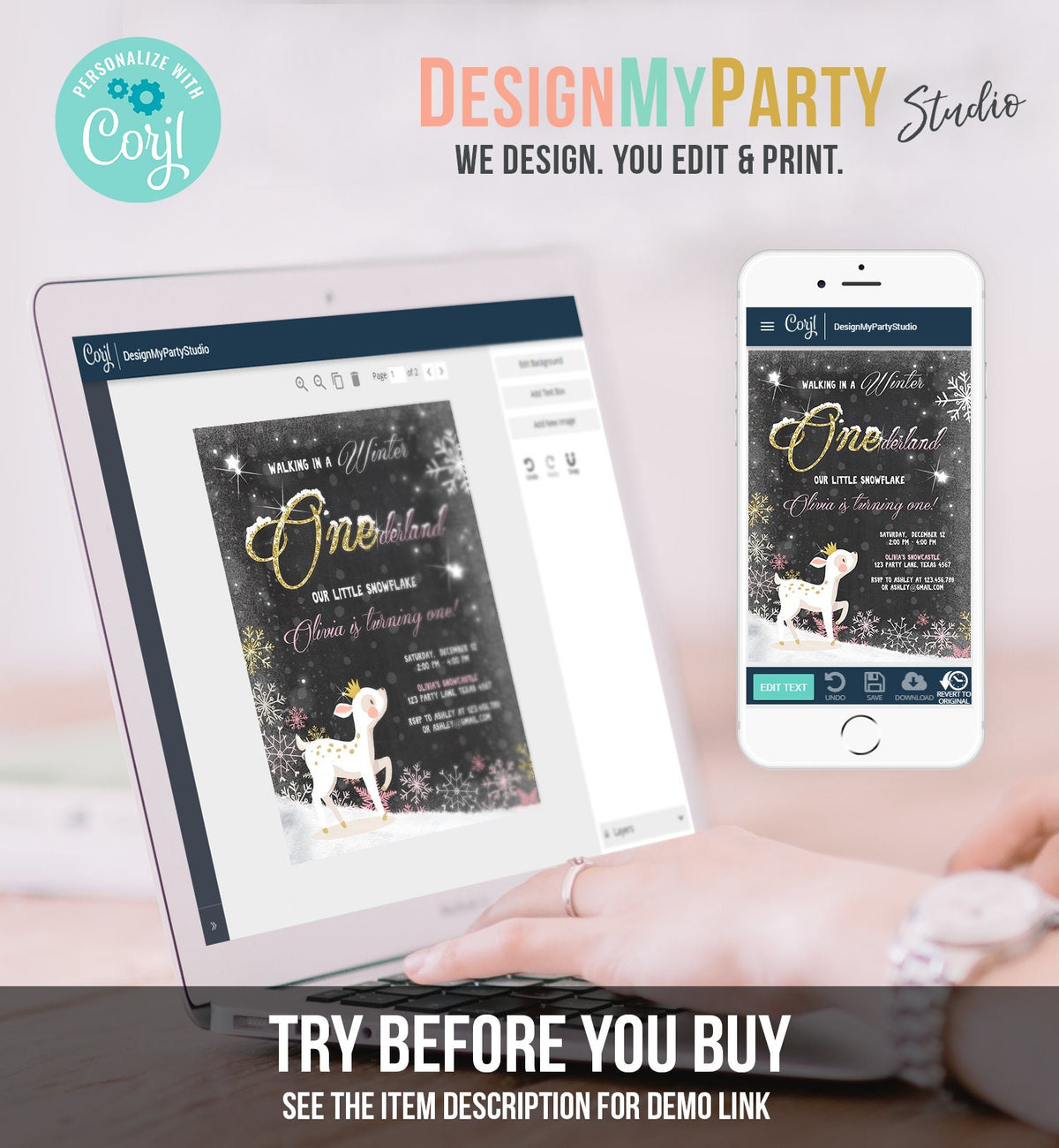 Editable Winter ONEderland Birthday Invitation First Birthday Snowflake Girl Pink Gold Deer Princess Crown Printable Template Corjl 0034