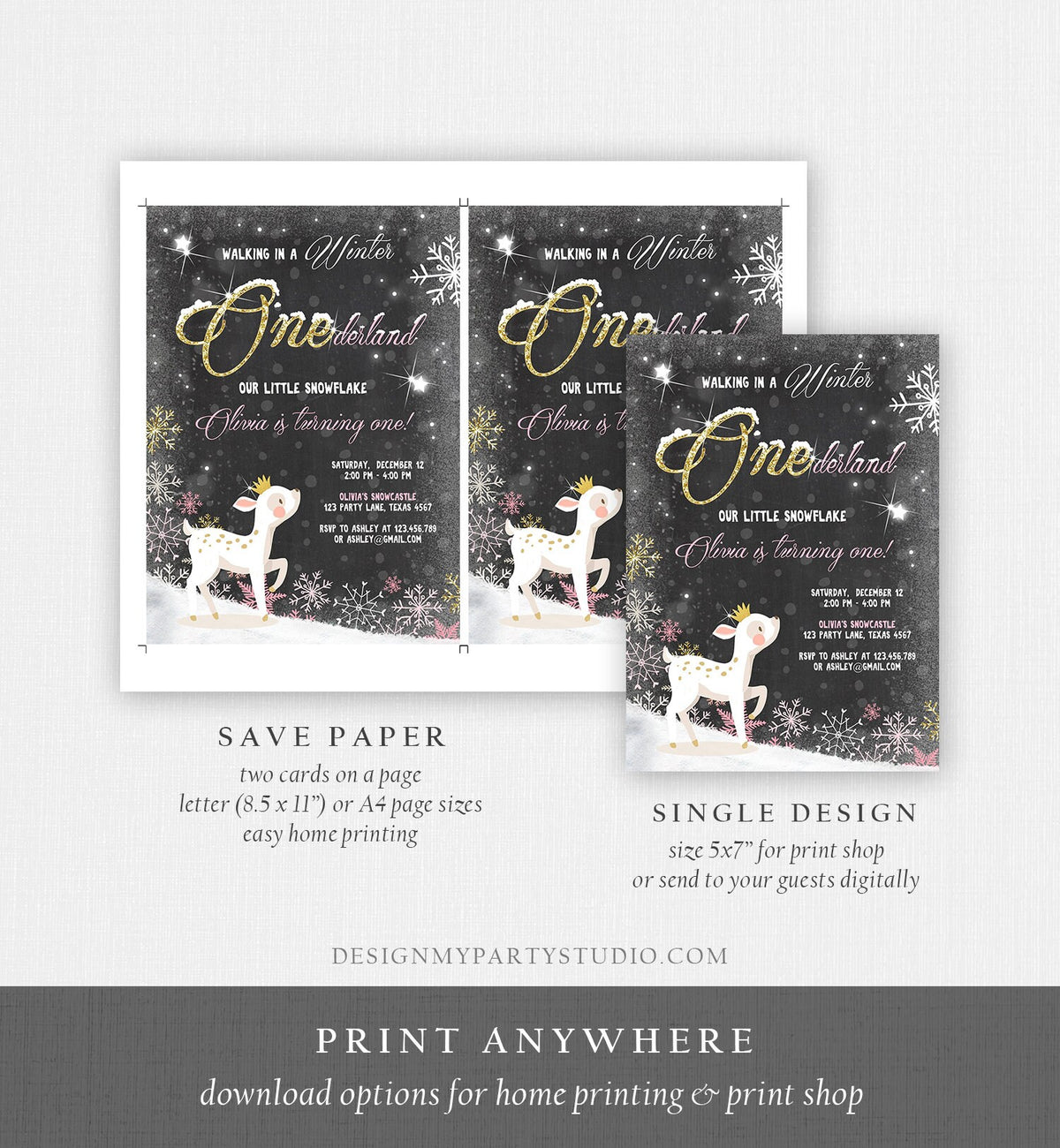 Editable Winter ONEderland Birthday Invitation First Birthday Snowflake Girl Pink Gold Deer Princess Crown Printable Template Corjl 0034