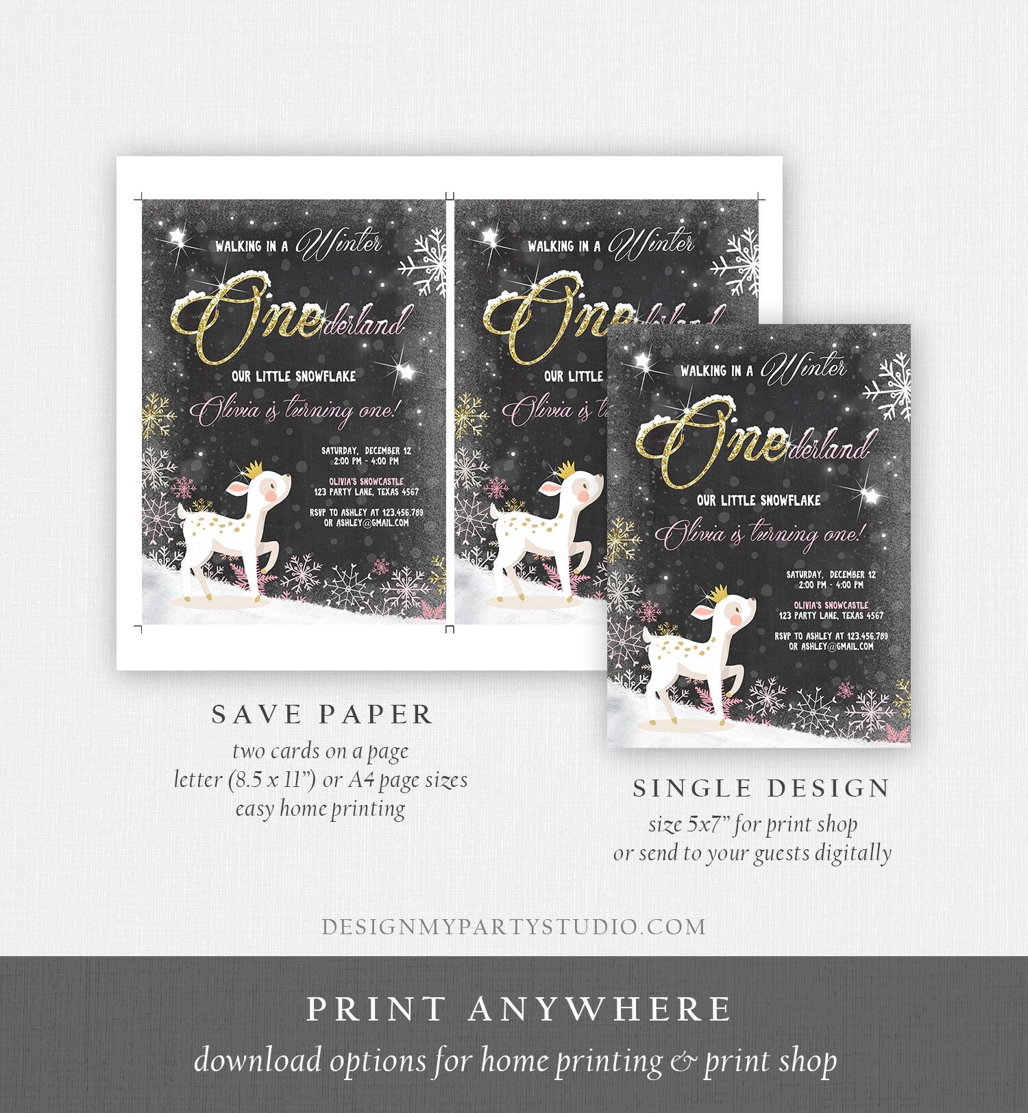 Editable Winter ONEderland Birthday Invitation First Birthday Snowflake Girl Pink Gold Deer Princess Crown Printable Template Corjl 0034