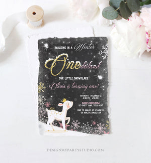 Editable Winter ONEderland Birthday Invitation First Birthday Snowflake Girl Pink Gold Deer Princess Crown Printable Template Corjl 0034