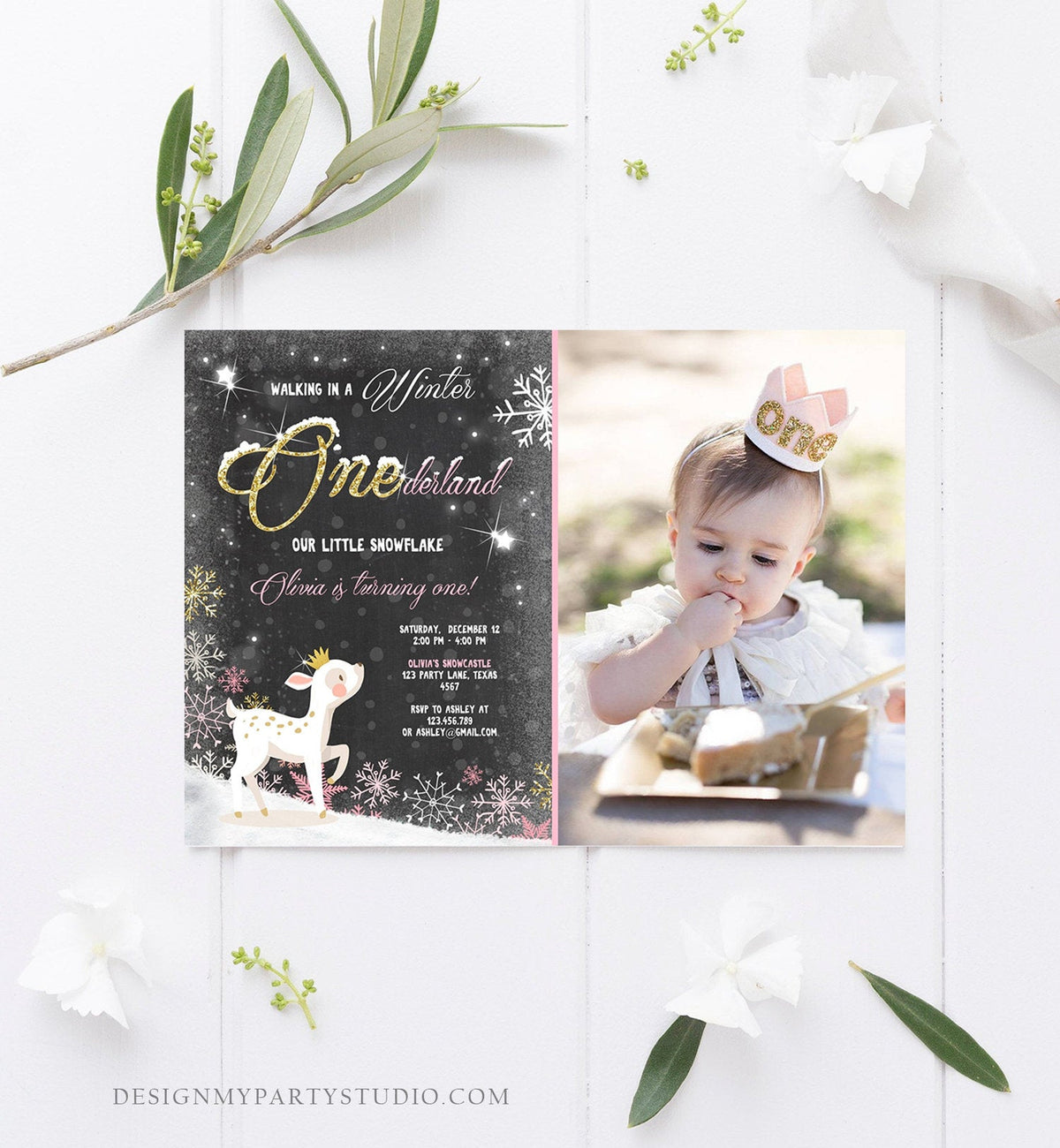 Editable Winter ONEderland Birthday Invitation First Birthday Snowflake Girl Pink Gold Deer Princess Crown Printable Template Corjl 0034
