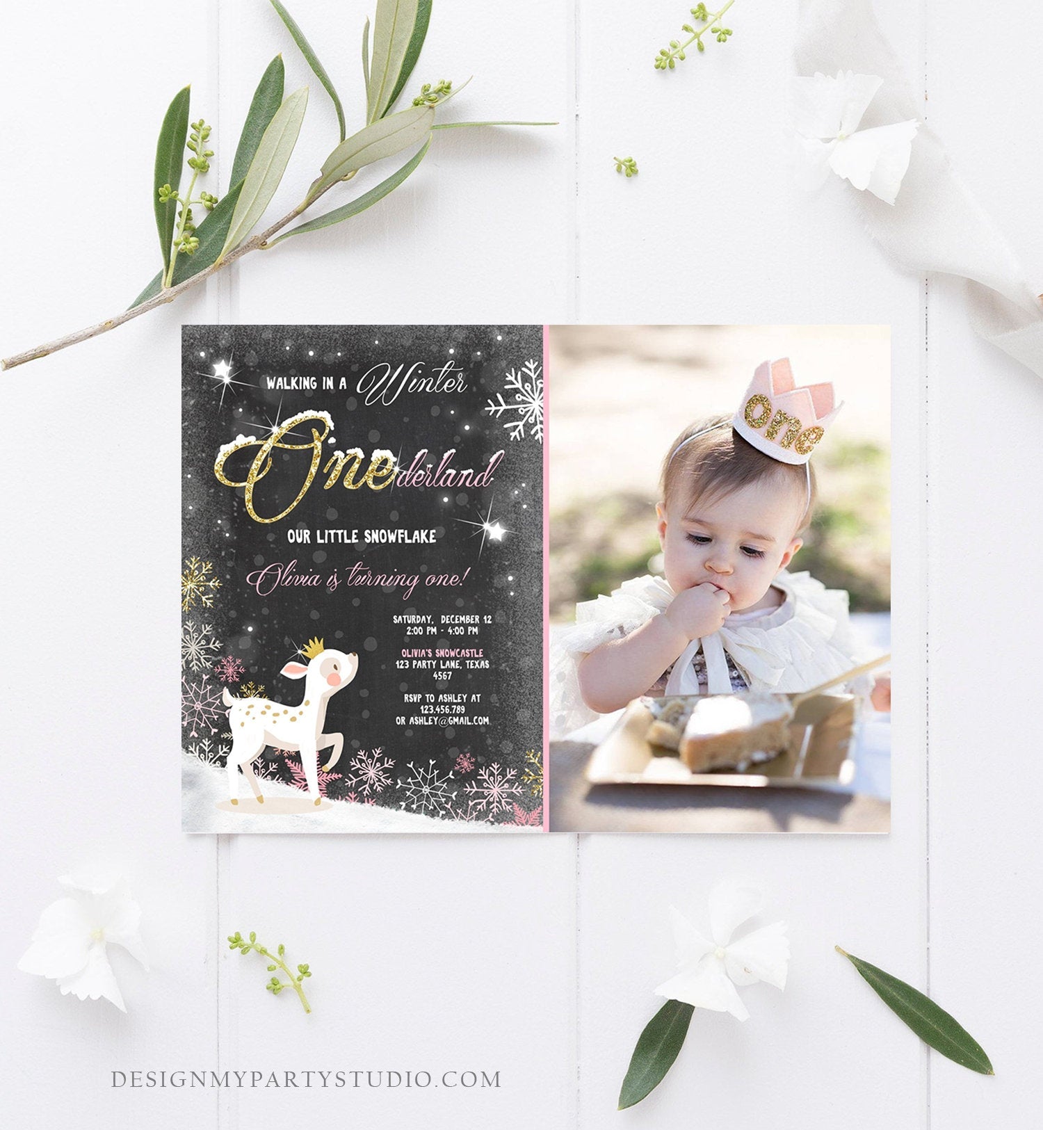 Editable Winter ONEderland Birthday Invitation First Birthday Snowflake Girl Pink Gold Deer Princess Crown Printable Template Corjl 0034