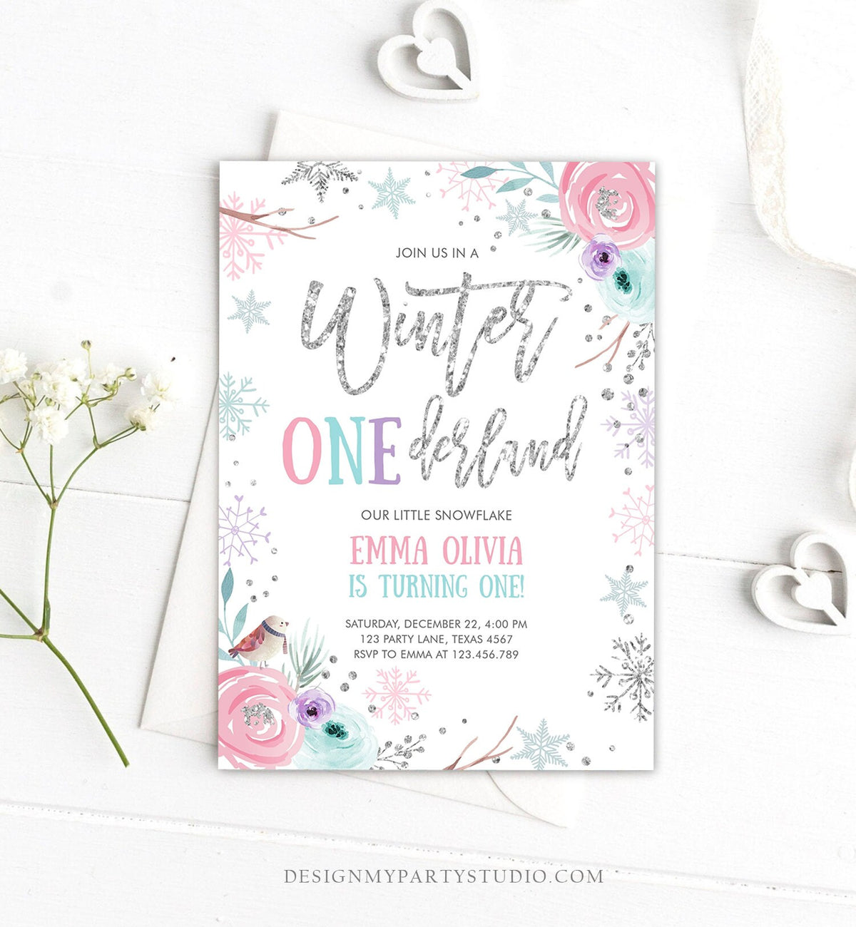 Editable Winter ONEderland Birthday Invitation First Birthday Snowflake Pink Silver Purple Floral Printable Invitation Template Corjl 0256