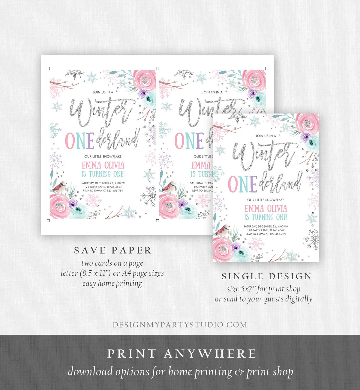 Editable Winter ONEderland Birthday Invitation First Birthday Snowflake Pink Silver Purple Floral Printable Invitation Template Corjl 0256