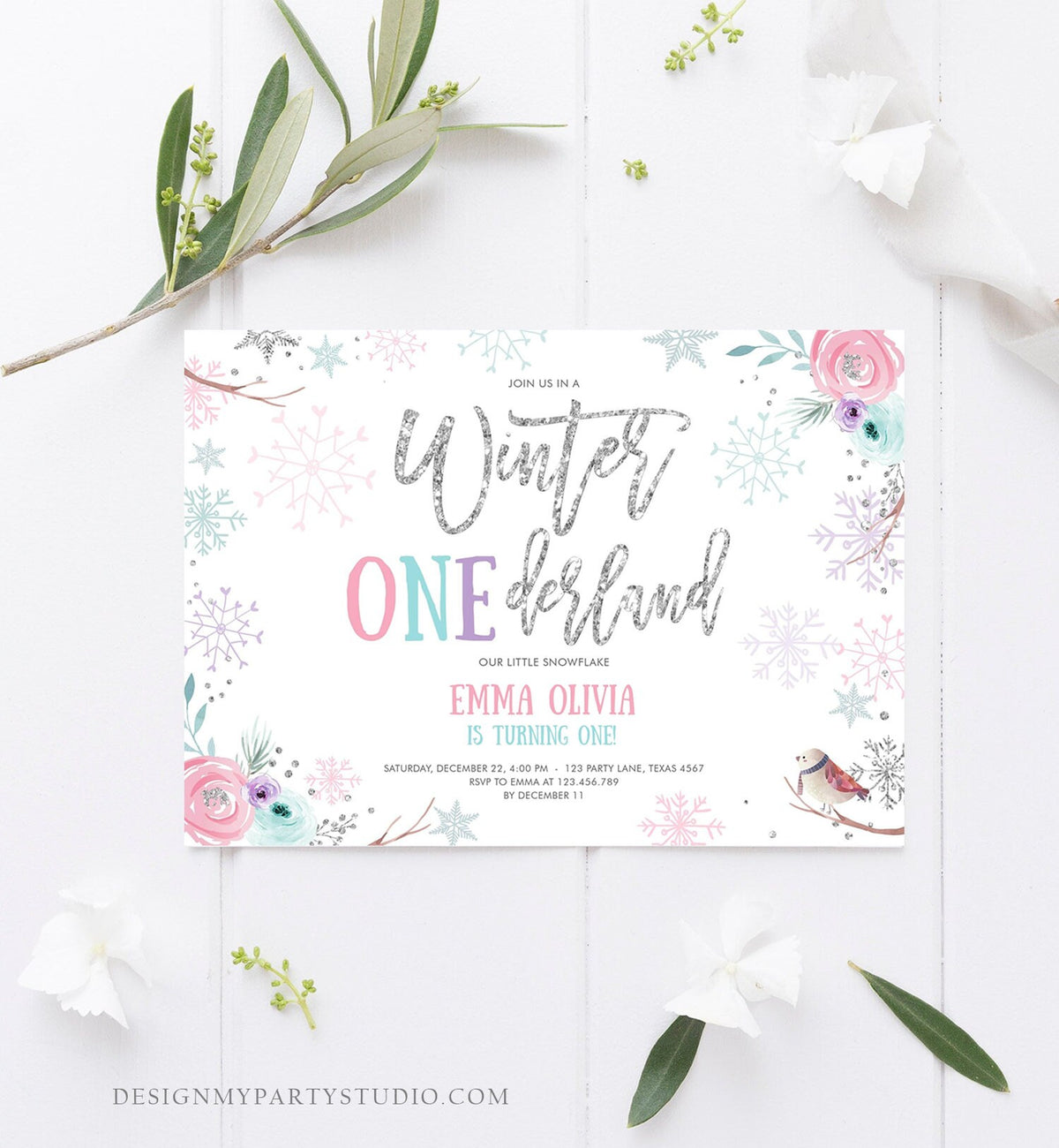 Editable Winter ONEderland Birthday Invitation First Birthday Snowflake Pink Silver Purple Floral Printable Invitation Template Corjl 0256