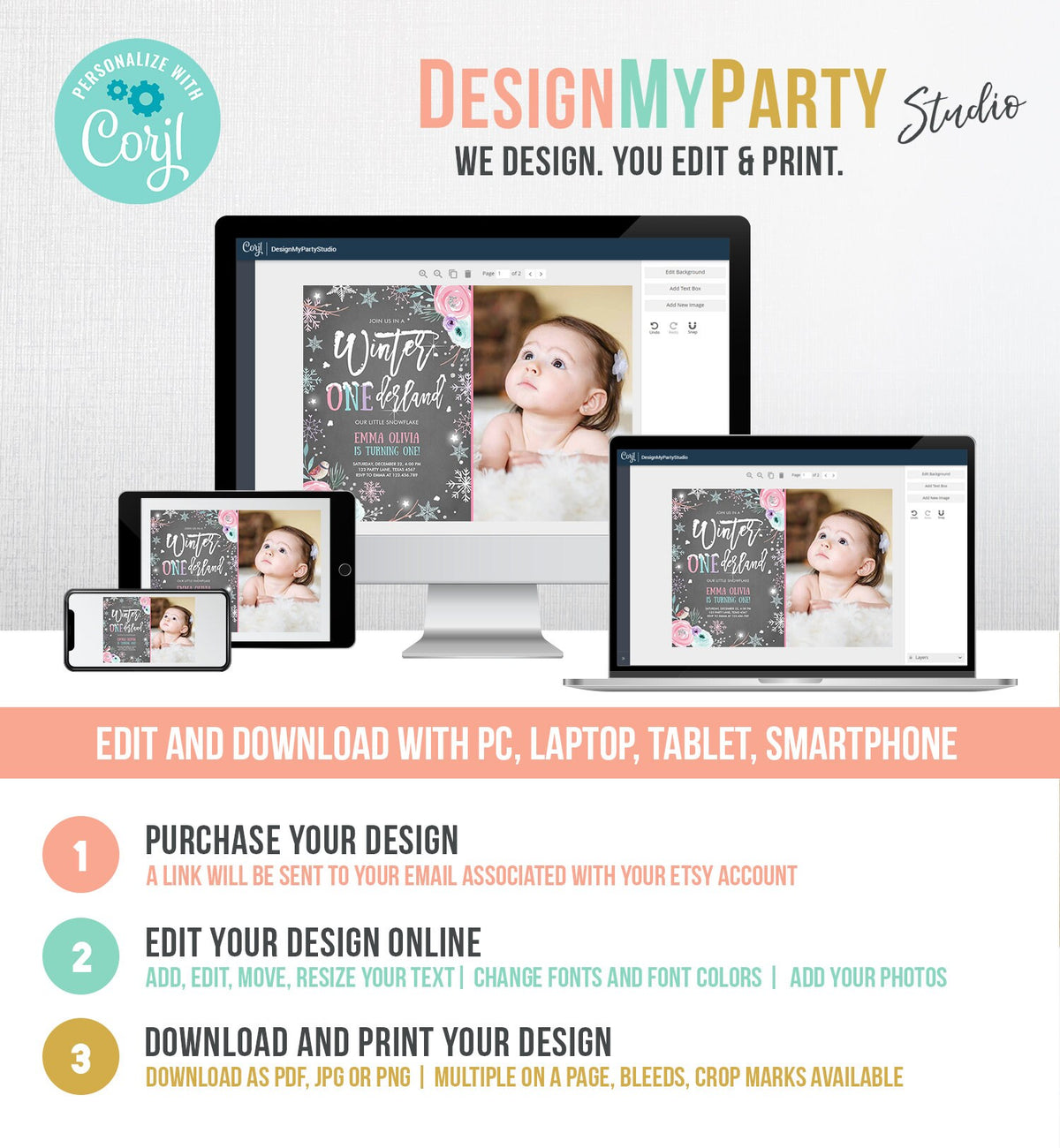 Editable Winter ONEderland Birthday Invitation First Birthday Snowflake Pink Silver Purple Floral Printable Invitation Template Corjl 0256