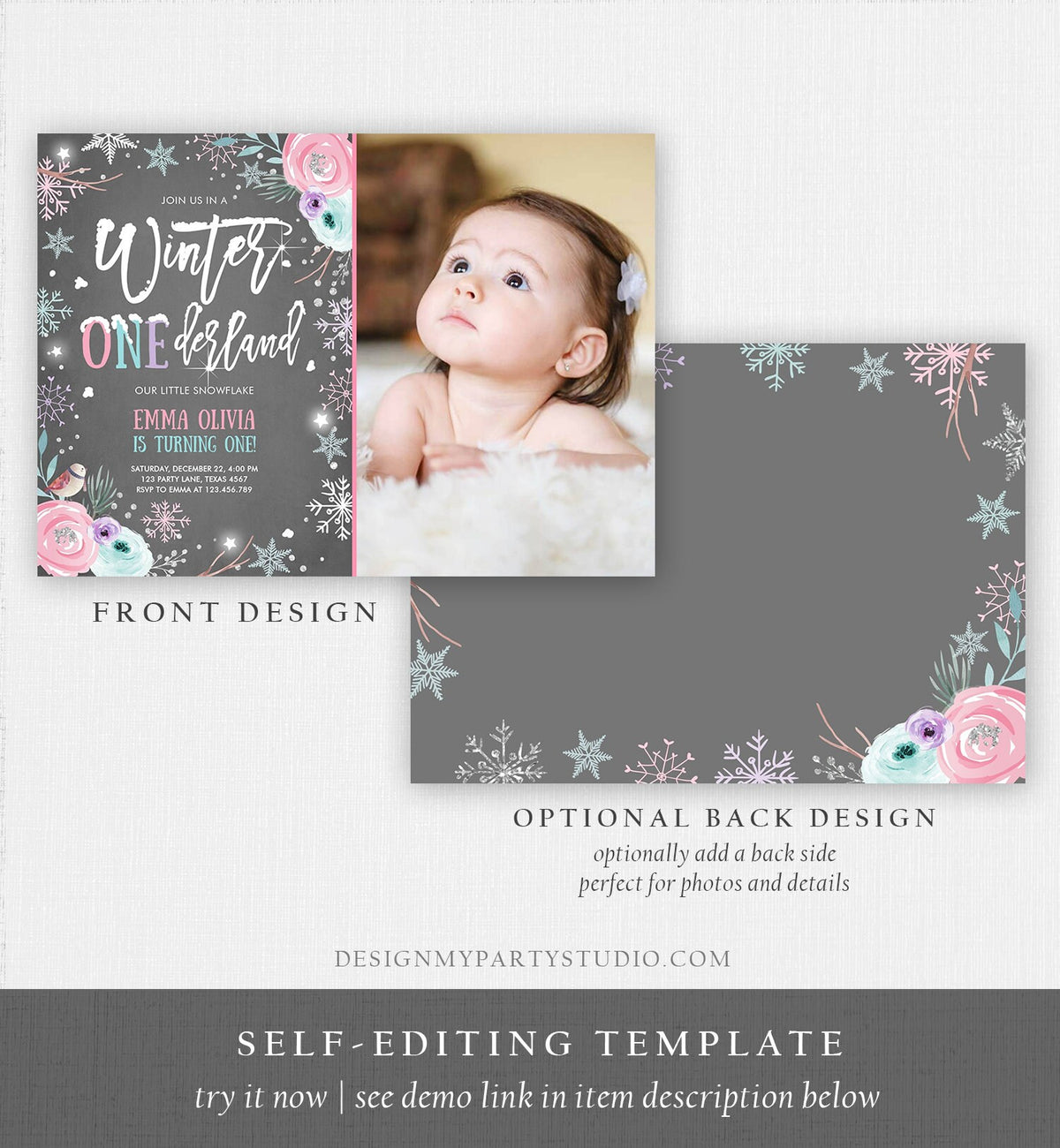 Editable Winter ONEderland Birthday Invitation First Birthday Snowflake Pink Silver Purple Floral Printable Invitation Template Corjl 0256