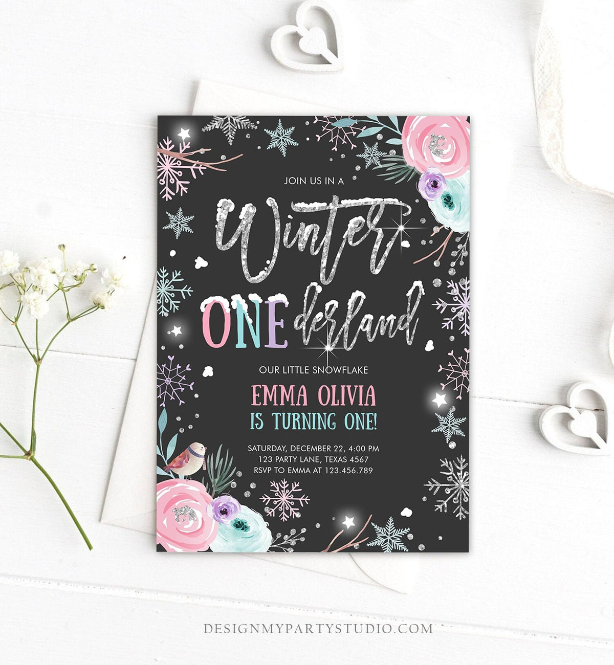 Editable Winter ONEderland Birthday Invitation First Birthday Snowflake Pink Silver Black Floral Printable Invitation Template Corjl 0256