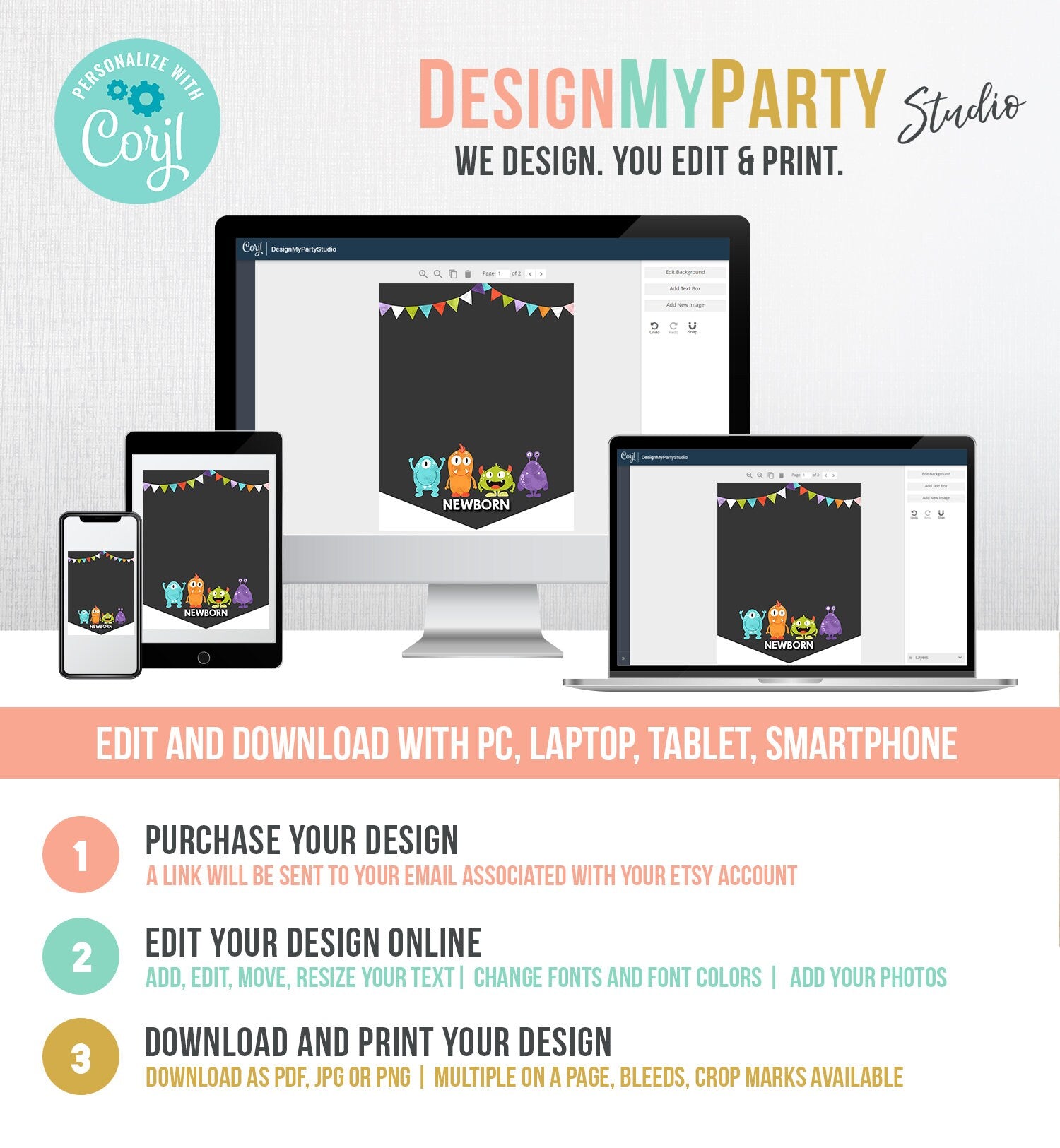 Editable Little Monsters First Birthday Banner Monthly Photo Banner Monster Bash Birthday Confetti Download PRINTABLE Corjl Template 0058