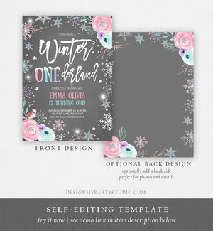Editable Winter ONEderland Birthday Invitation First Birthday Snowflake Pink Silver Grey Floral Printable Invitation Template Corjl 0256