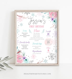 Editable Winter Birthday Milestones Sign Winter Onederland First Birthday Girl Pink Silver Snowflakes Floral Corjl Template Printable 0256