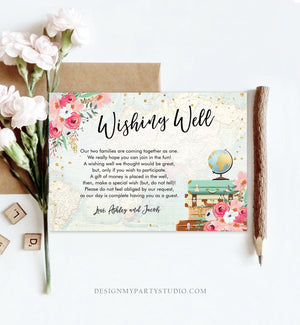 Editable Wishing Well Card Travel Themed Miss to Mrs Insert Wedding Traveling World Map Vintage Suitcases Download PRINTABLE Corjl 0030