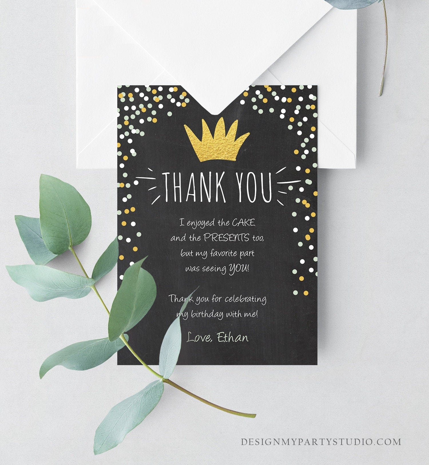 Editable Wild Things Thank You Card Gold Crown Boy Chalk Confetti Thank You Note Wild One Birthday Download Printable Corjl Template 0099