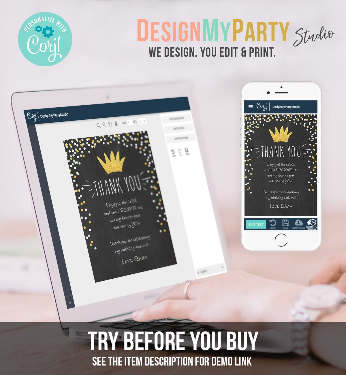 Editable Wild Things Thank You Card Gold Crown Boy Chalk Confetti Thank You Note Wild One Birthday Download Printable Corjl Template 0099