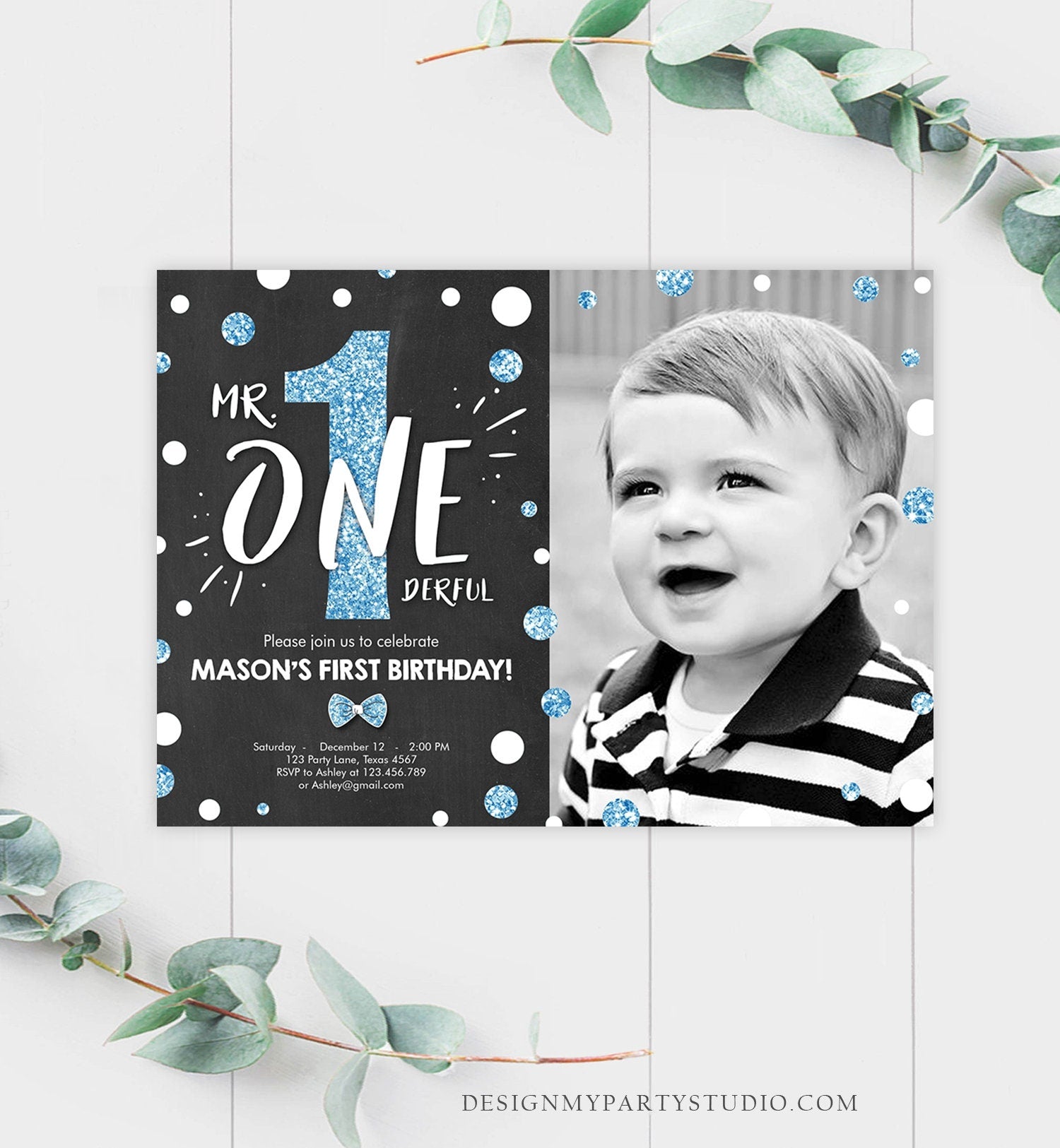 Editable Mr Onederful Birthday Invitation Black and Blue Boy Birthday Bow Tie Confetti 1st Birthday Download Printable Template Corjl 0072