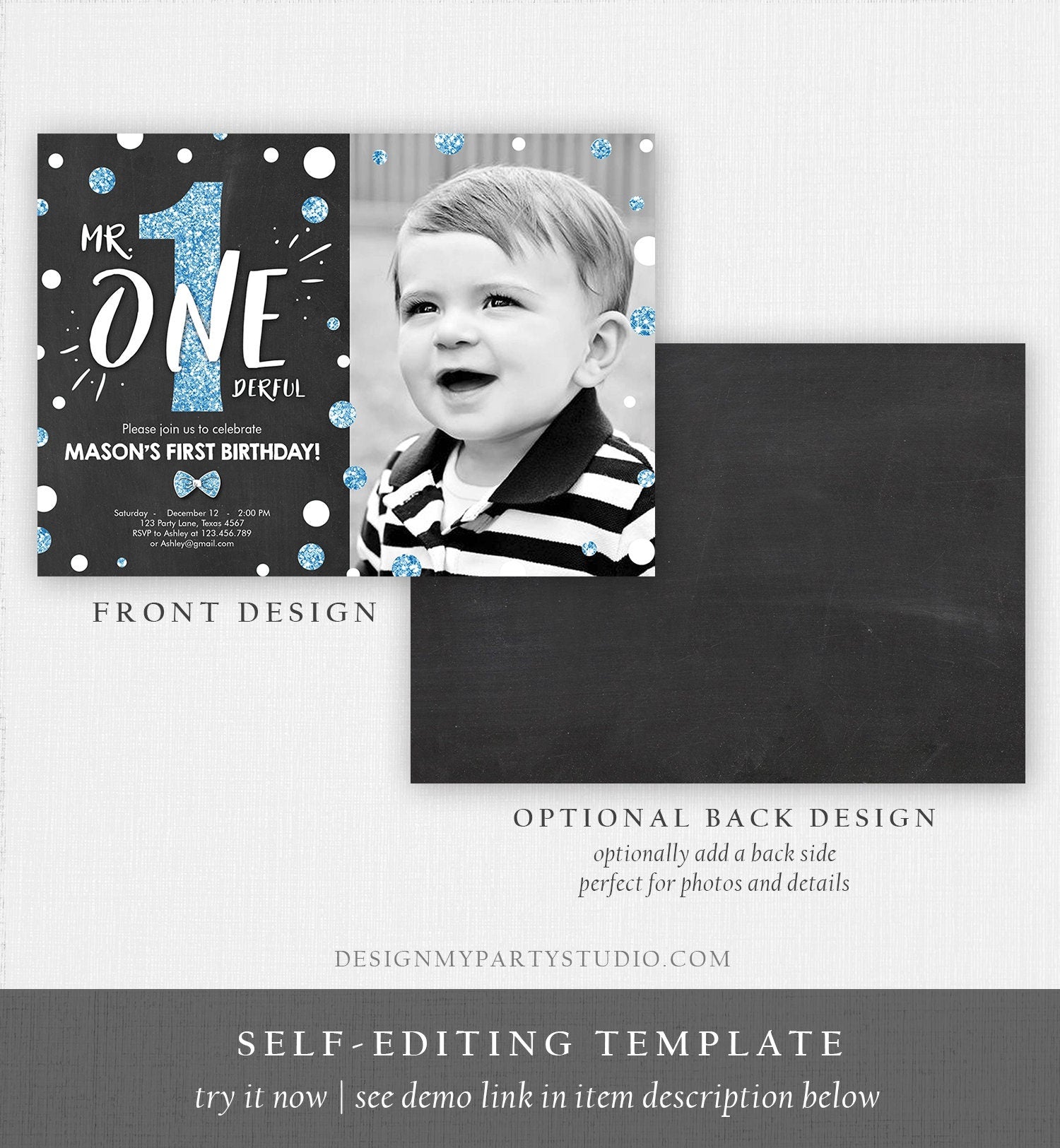 Editable Mr Onederful Birthday Invitation Black and Blue Boy Birthday Bow Tie Confetti 1st Birthday Download Printable Template Corjl 0072