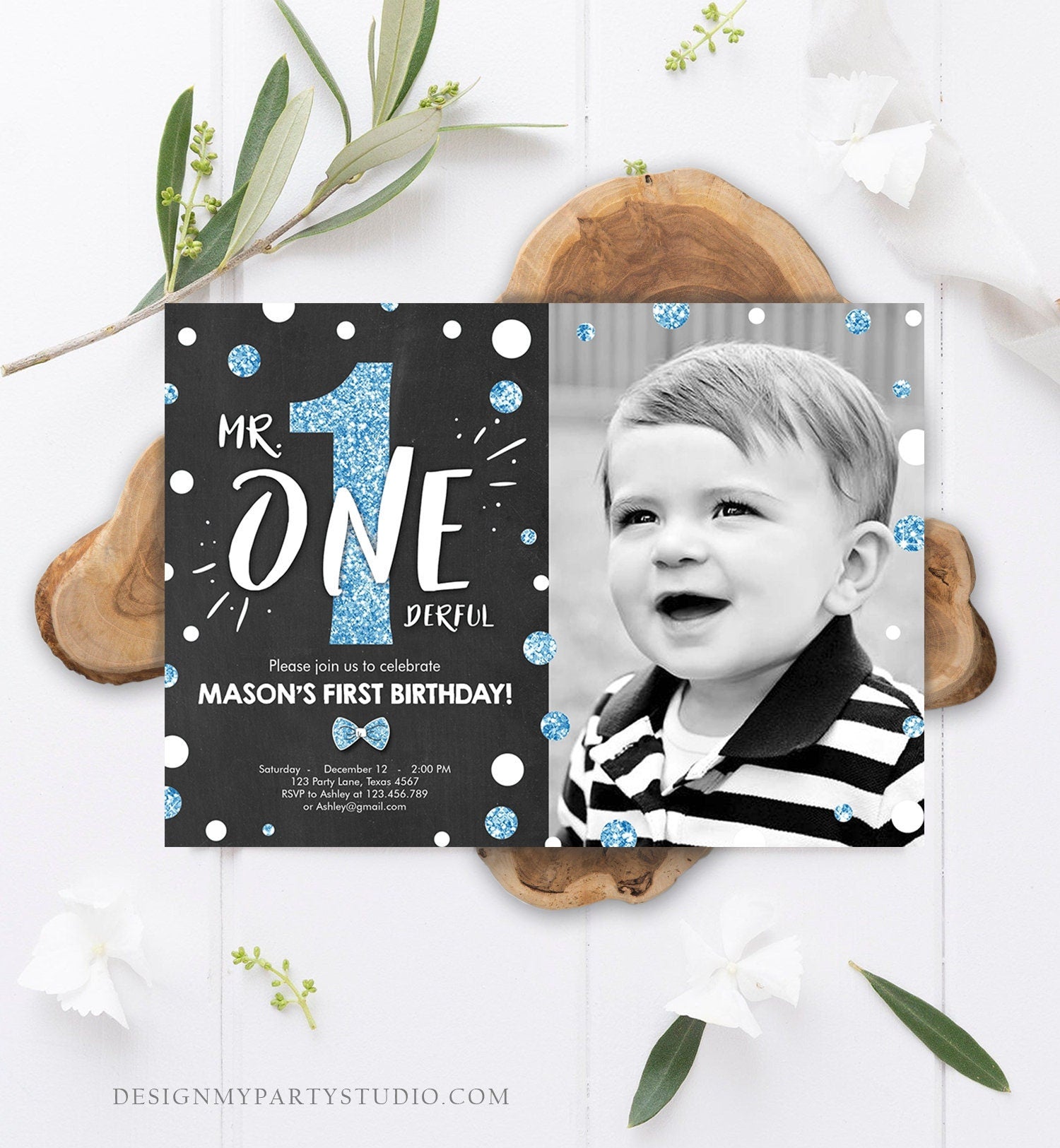 Editable Mr Onederful Birthday Invitation Black and Blue Boy Birthday Bow Tie Confetti 1st Birthday Download Printable Template Corjl 0072