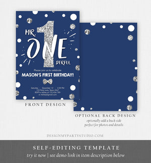 Editable Mr Onederful Birthday Invitation Navy Blue Silver Birthday Bow Tie Confetti Boy Birthday Download Printable Template Corjl 0072
